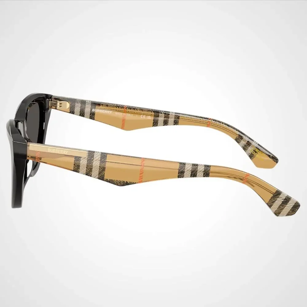 New Burberry Sunglasses Black Front Cat Eye Frame Checkered Arms Gray Lens - Picture 3 of 7